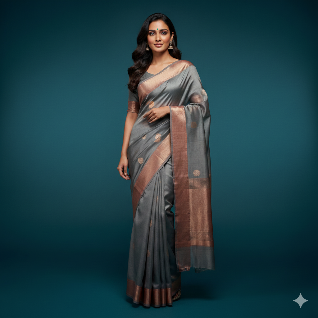 Woman in grey Banarasi saree by Hetraa