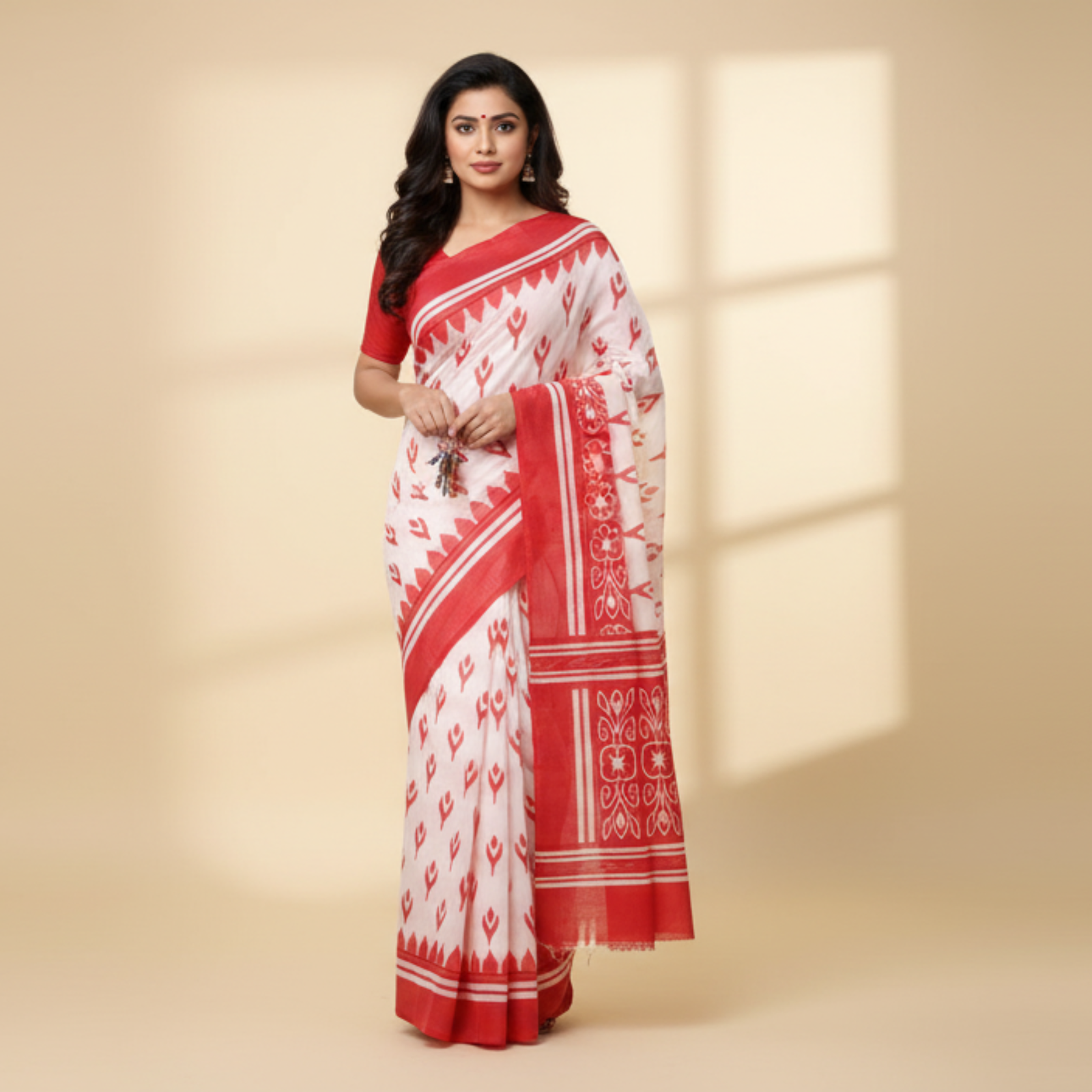 Cotton Calm Red White Saree by Hetraa