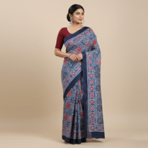 Navy Blue Mulmul with Red and White Ajrakh-style Geometric Print