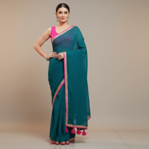 Georgette-   Teal Green with a Hot Pink Border and Tassels