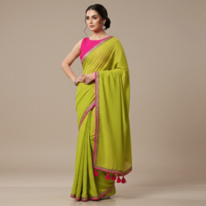 Georgette- Lemon Green with a Bright Pink Border and Tassels
